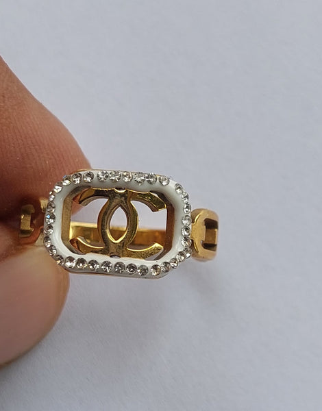 Golden CC Stone Ring with White Line  | Jewellery Shop| Jewellery Store