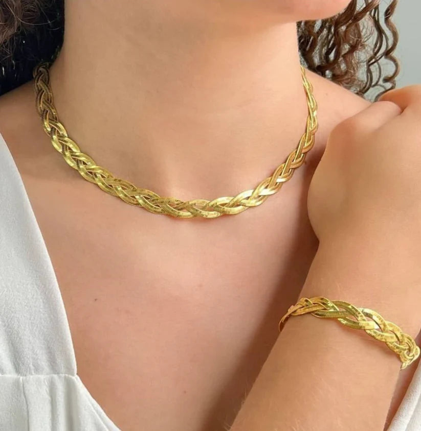 Triple Chain Golden Necklace And Bracelet Stainless Set