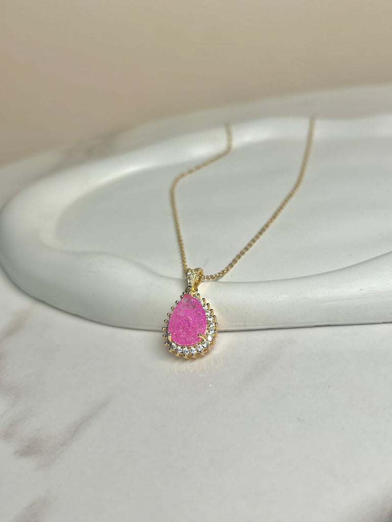 Stainless Golden Necklace with Big Pink Stone