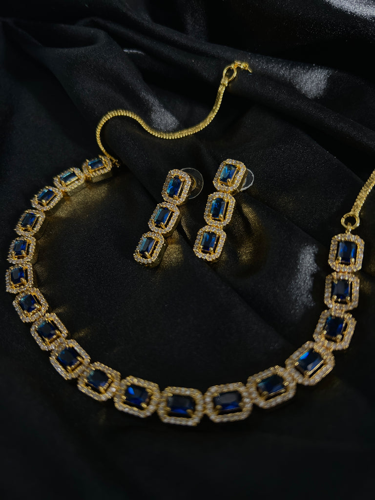 Golden Necklace set with Royal Blue American stones