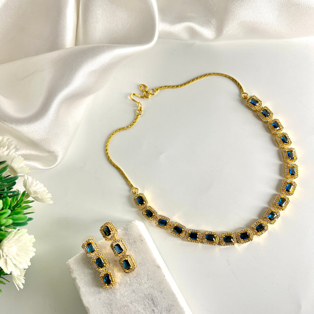 Golden Necklace set with Royal Blue American stones