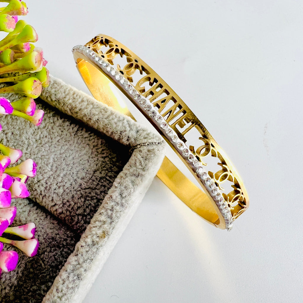 Stainless CC With Stones Golden Bangle