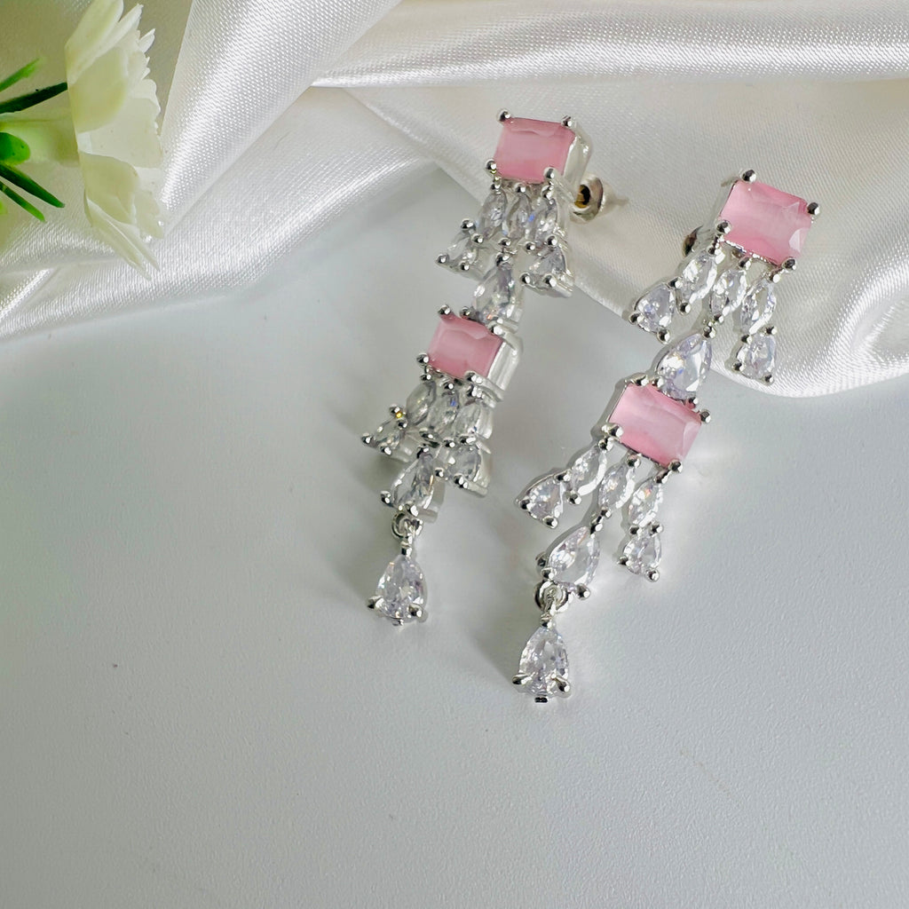 American Diamond Silver Pink Stone ( Zircon) Earrings