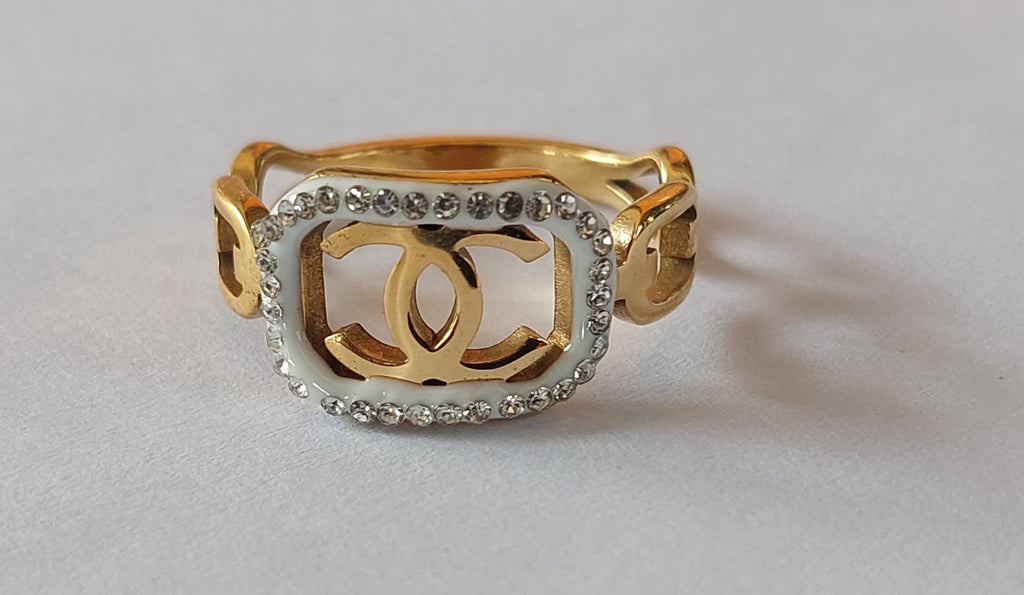 Golden CC Stone Ring with White Line  | Jewellery Shop| Jewellery Store