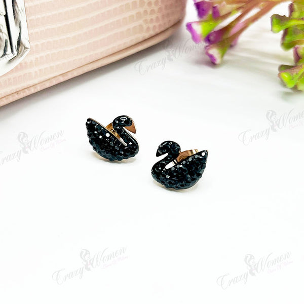 Black Swan with Crystal Pierced Ear Studs Earrings stainless. - 3243326