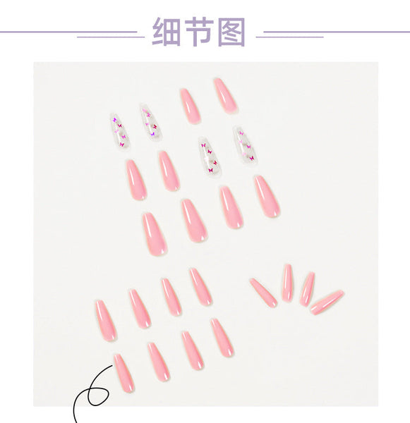 Fashion Pink Laser Butterfly Wearing Art Finished Nail with stickers - 3243246