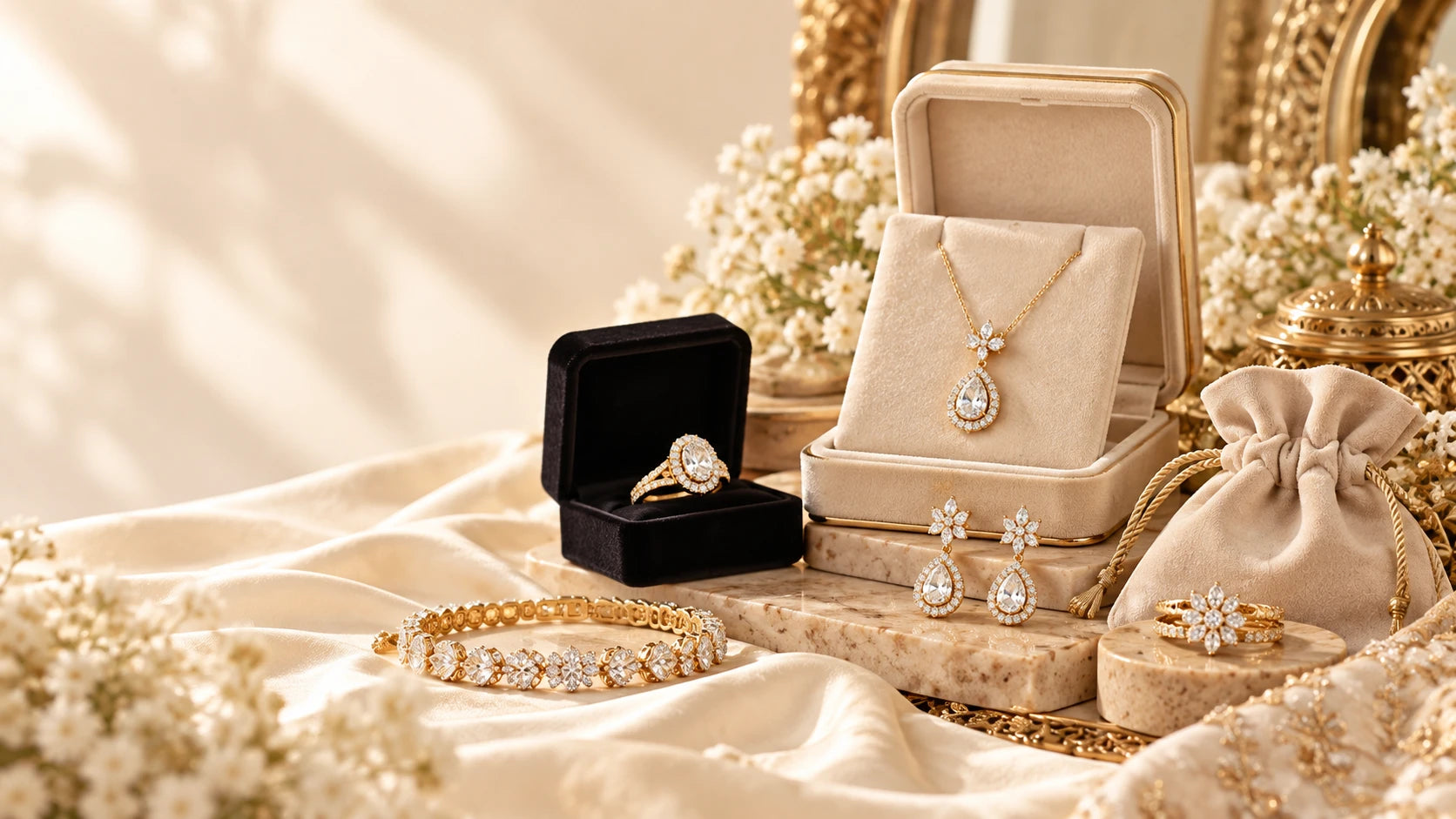 Gold-toned jewellery and velvet boxes arranged on ivory silk