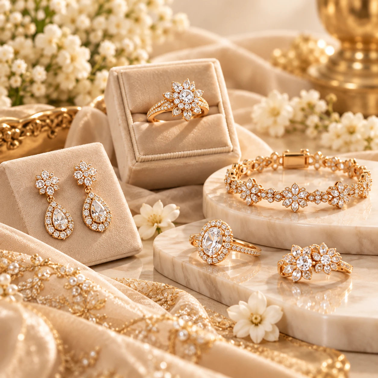 Gold-toned jewellery arranged on ivory fabric