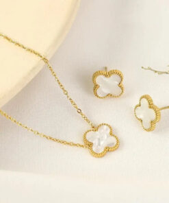 Four Leaf Clover 2 Sided Pendant With Ear Studs (White) 2Pcs Set | Jewellery Set Pakistan