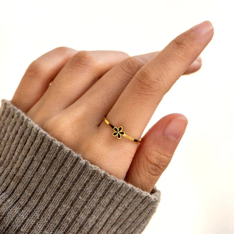 Minimalist Flower Ring (Black & White Duo) | Adjustable Ring Pakistan